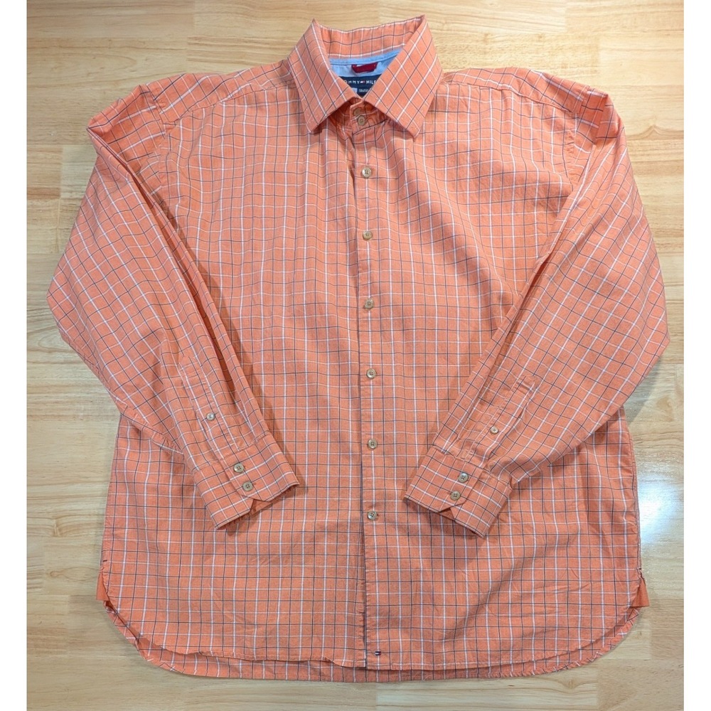 Tommy Hilfiger Mens XXL Orange Plaid Cotton‎ Long Sleeve Button Down Shirt